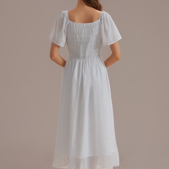 White Floral Short Sleeve Square Neck Midi Dress - Picture 2 of 2